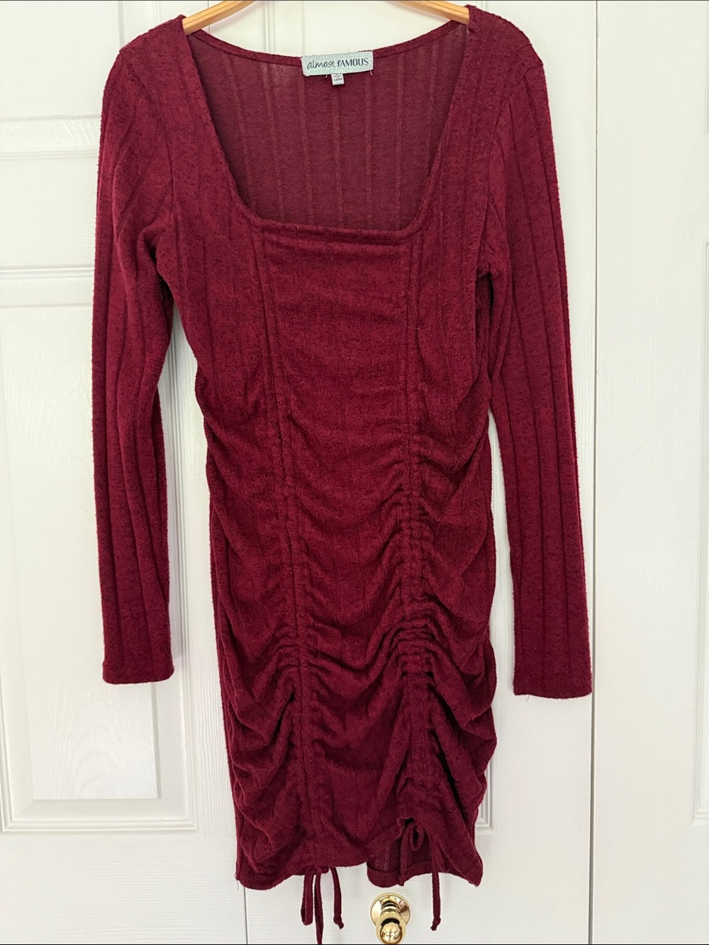 Almost Famous Wine Ribbed Ruched Long Sleeve Dress